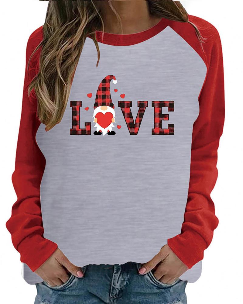 

Valentine' Day Colorblock Plaid Letter Heart Dwarf Print Top, Gray
