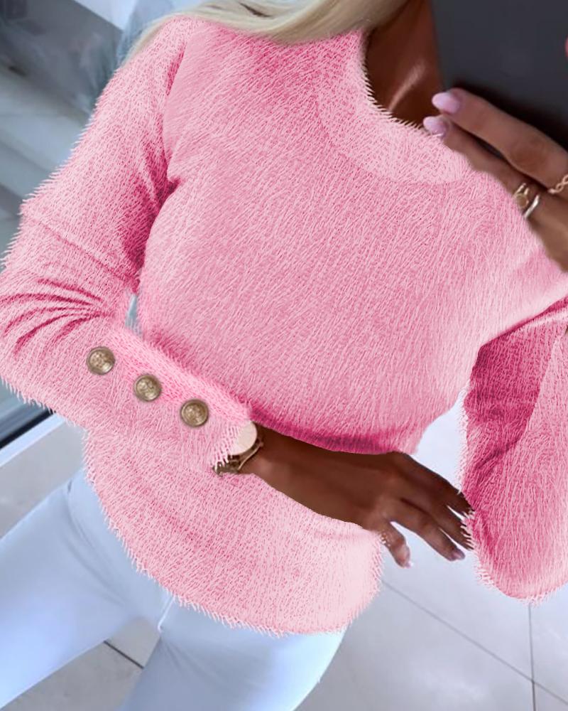

Meatal Button Mock Neck Fuzzy Top, Pink