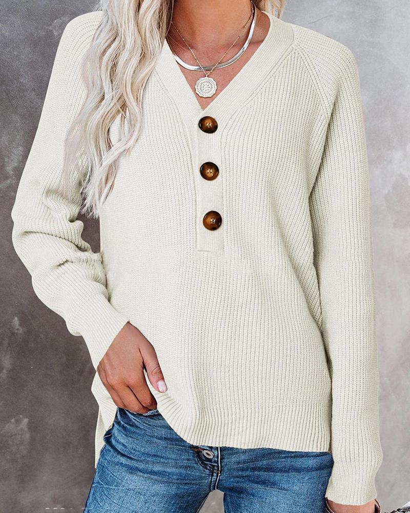 

Button Detail Long Sleeve Knit Sweater, White