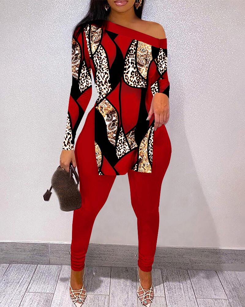 

Baroque Leopard Print Slit Top & Pants Set, Red