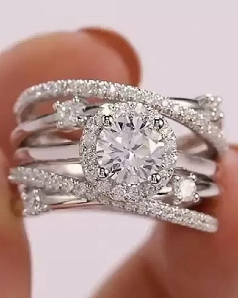

1pc Faux Zircon Crisscross Hollow Out Wedding Ring, Silver