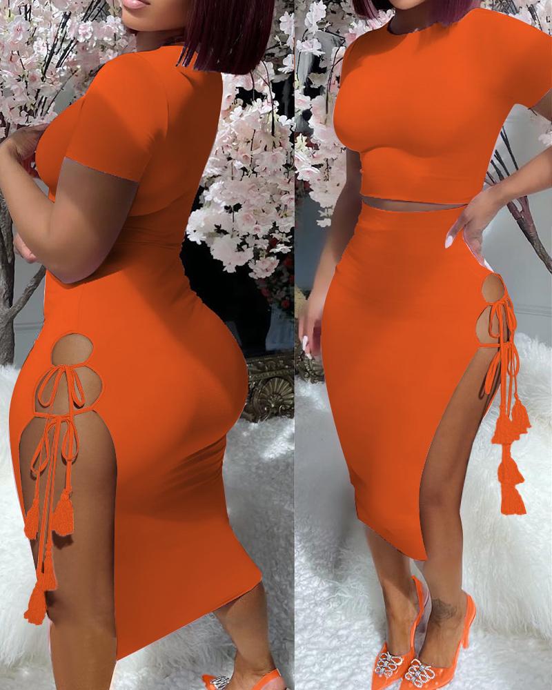 

Crop Top & Tied Detail Side Slit Skirt Set, Orange