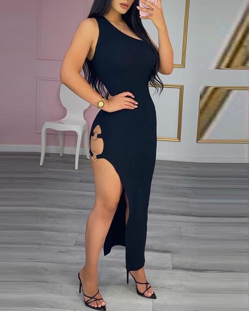 

One Shoulder Cutout Slit O Ring decor Maxi Dress, Black