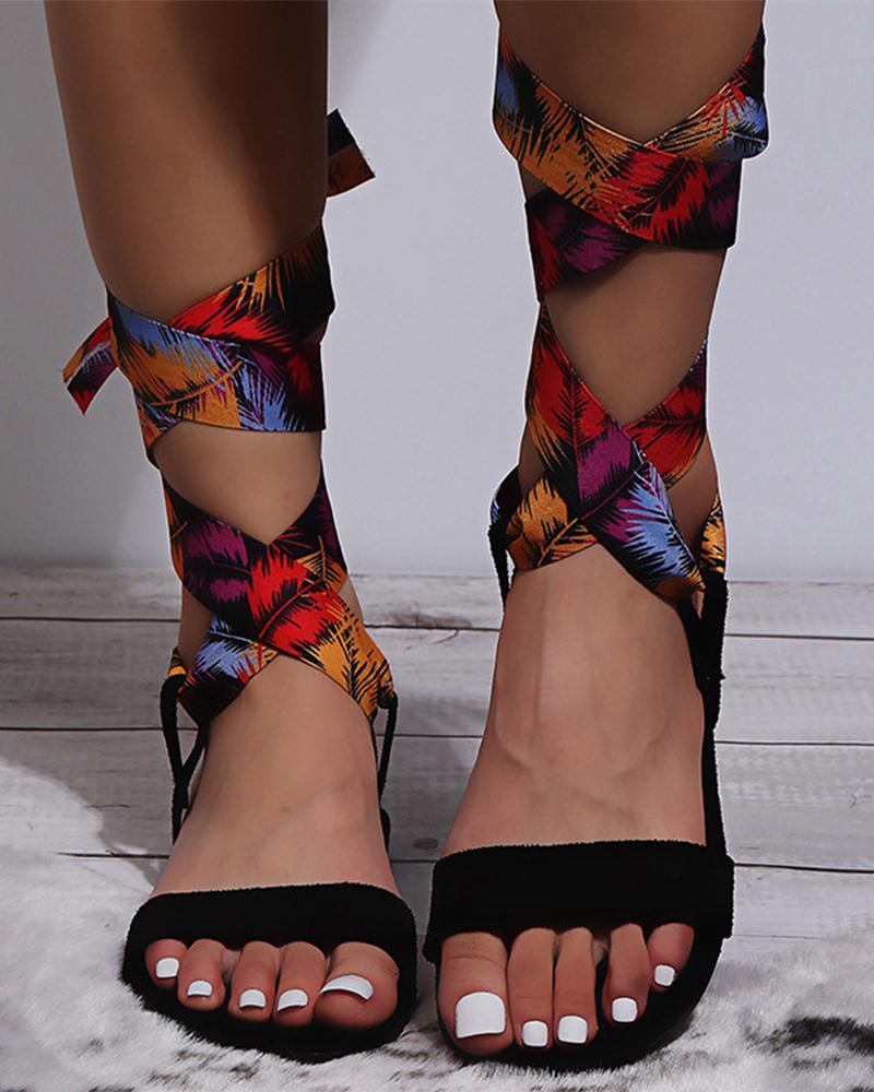 

Floral Print Strappy Open-toe Flat Sandals, Black