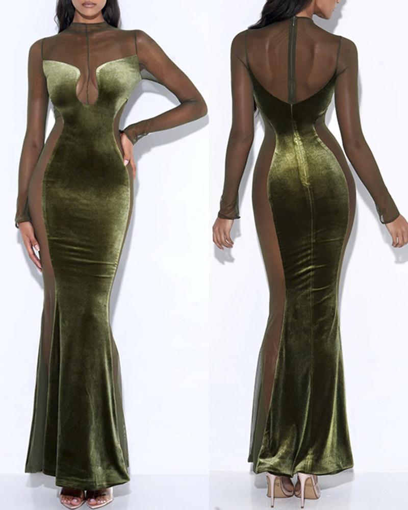 

Velvet Mesh Patch Zipper Design Evening Dress, Green