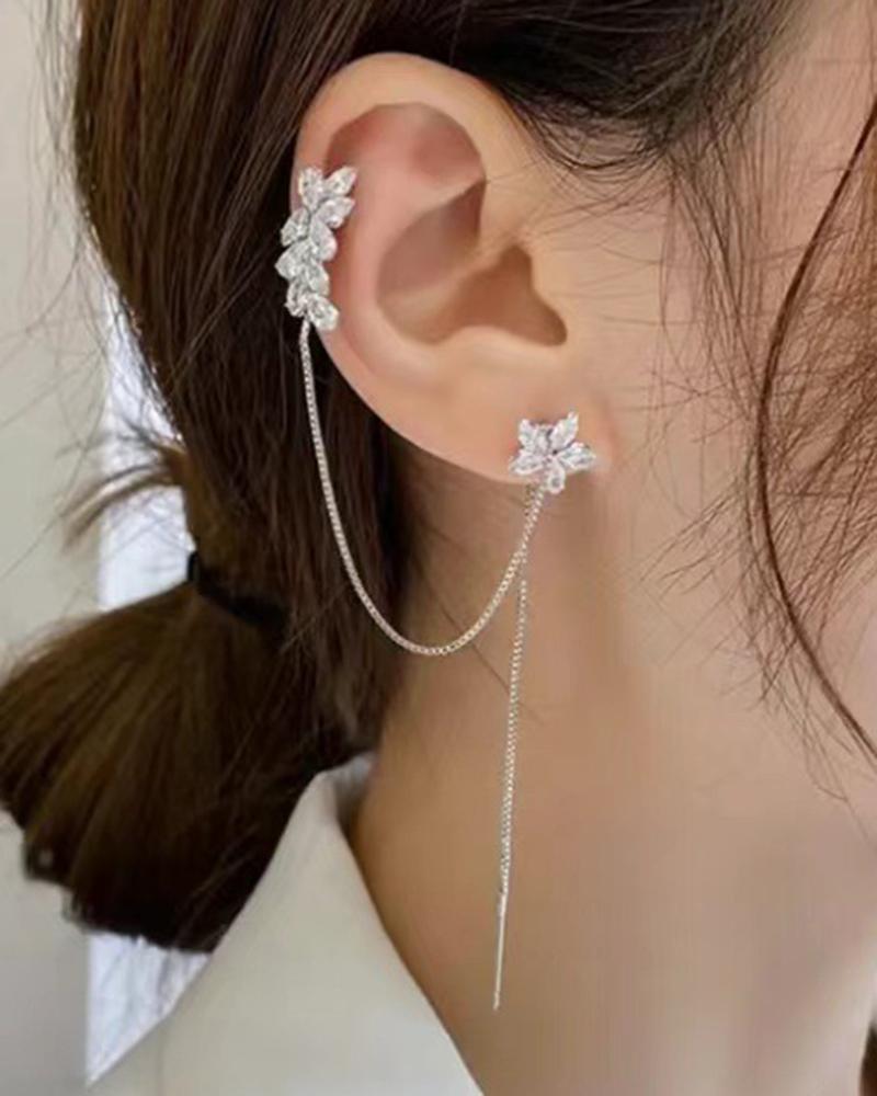 

1pc Rhinestone Floral Pattern Tassel Ear Clip, Silver