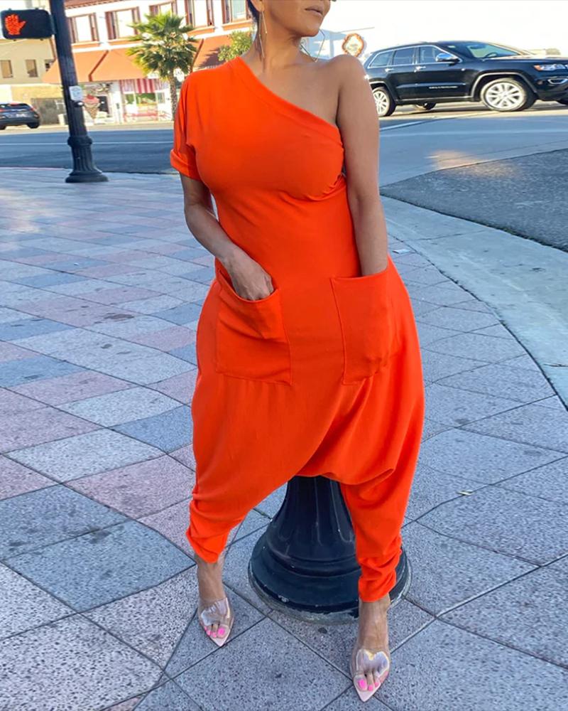 

One Shoulder Pocket Design Harem Jumpsuit, Orange