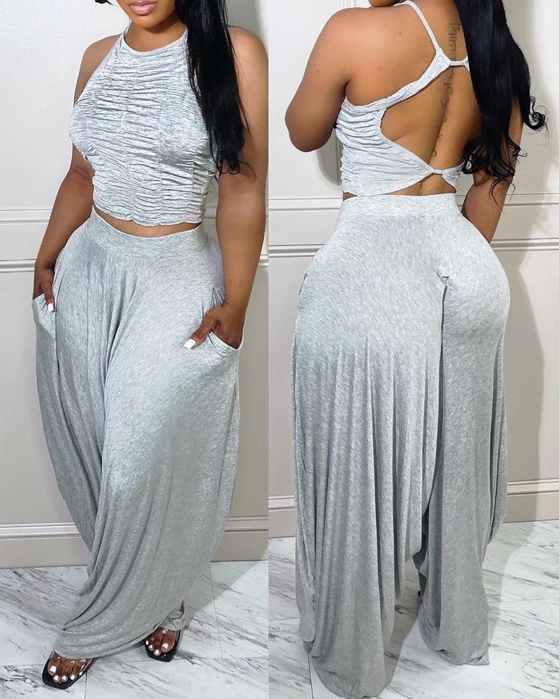 

Halter Cutout Ruched Top & Harem Pants Set, Gray