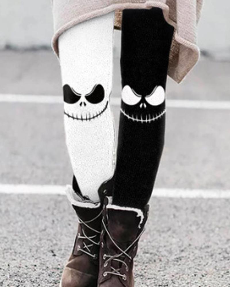 

Halloween Scary Face Print Colorblock Skinny Leggings, Black