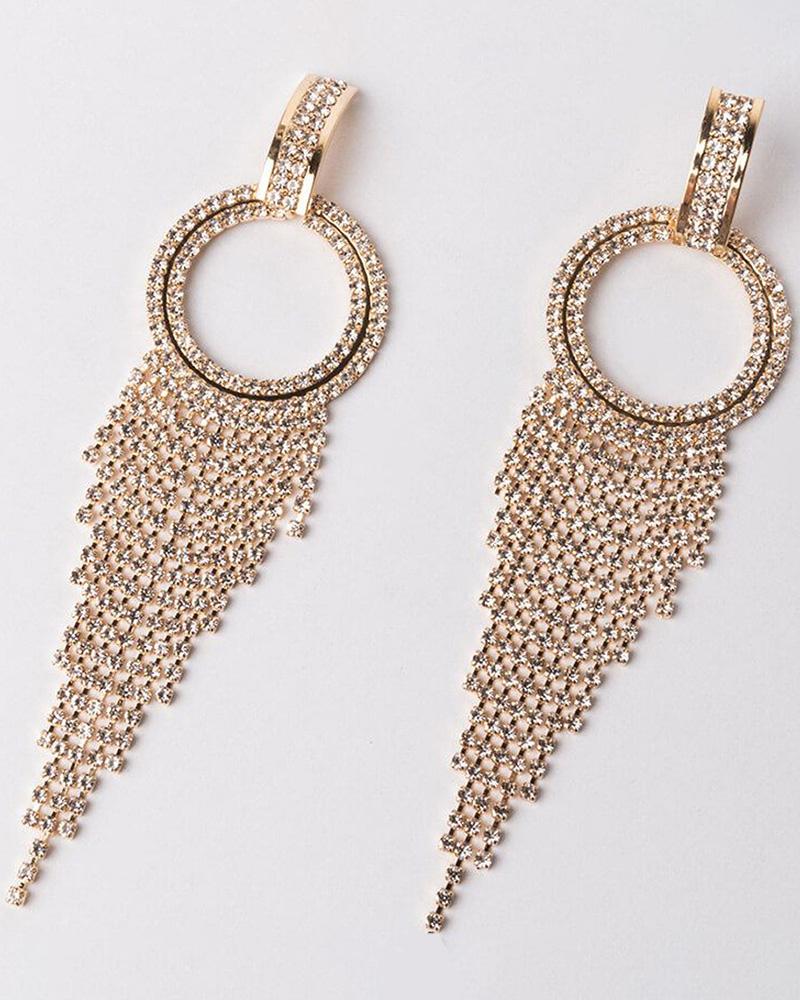 

1Pair Rhinestone Tassel Design Round Shaped Drop Earrings, Gold