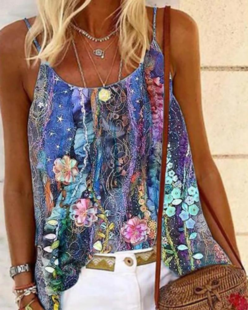 

Spaghetti Strap Floral Print Top, Blue