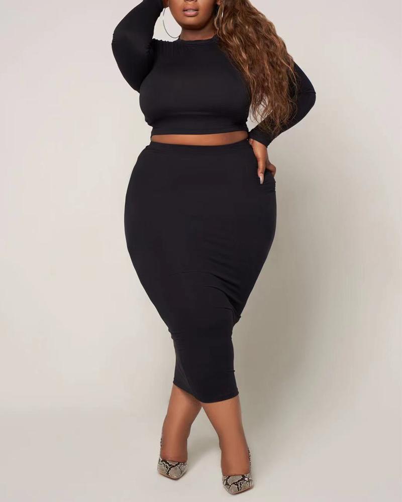 

Plus Size Long Sleeve Crop Top & Skirt Set, Black