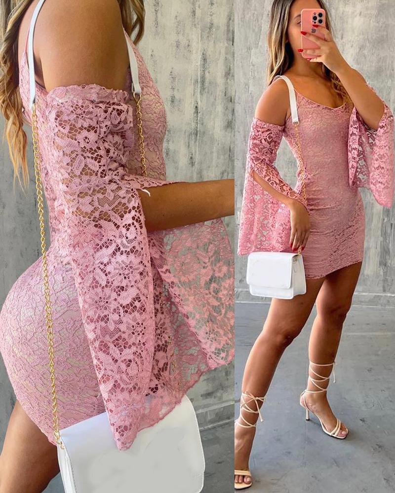 

Cold Shoulder Split Sleeve Ruched Lace Dress, Pink