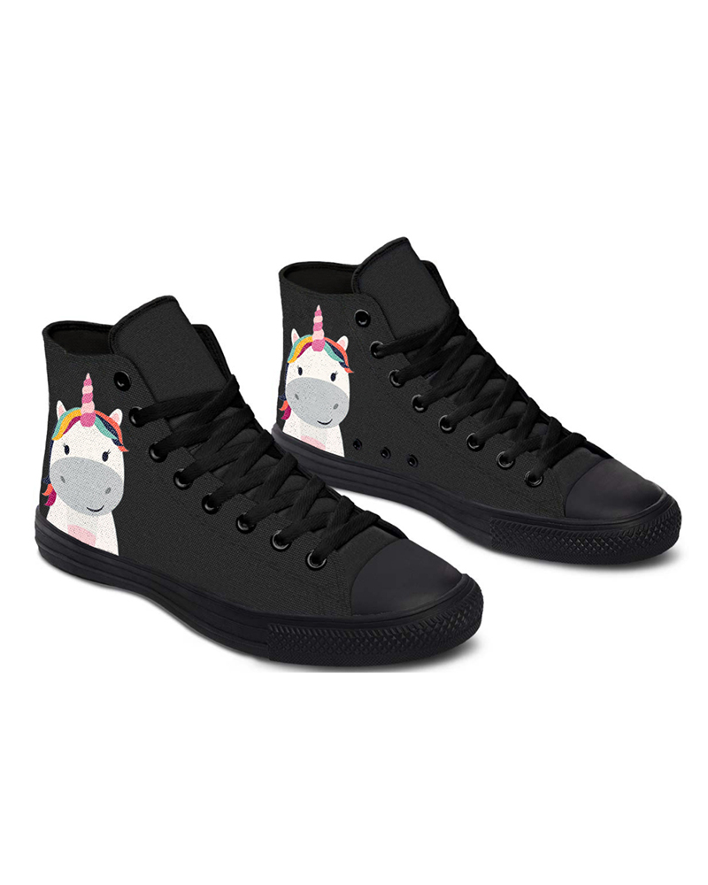 

Womens Super Cute Hippo Unicorn Print Lace-up High Top Canvas Casual Shoes, Black