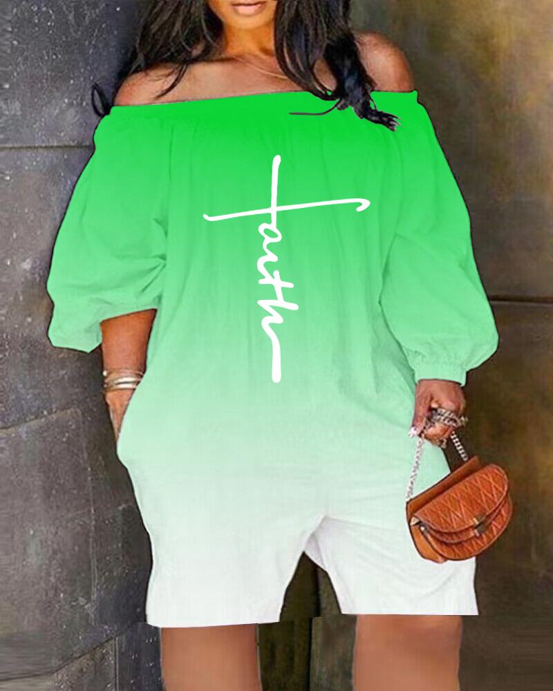 

Plus Size Faith Print Ombre Off Shoulder Romper, Green