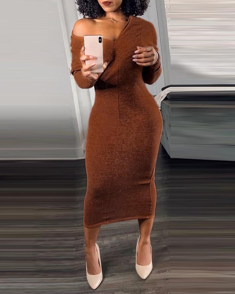 

One Shoulder Plain Bodycon Sweater Dress, Brown