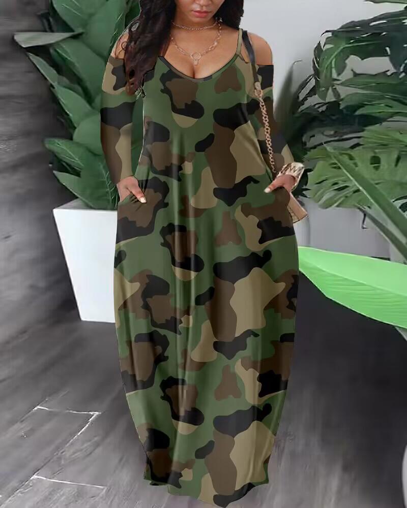 

Plus Size Camouflage Print Pocket Design Maxi Dress, Camoflage