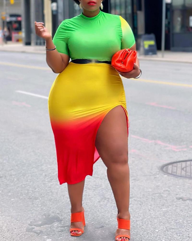 

Plus Size Colorblock Drawstring Ruched High Slit Casual Dress, Multicolor
