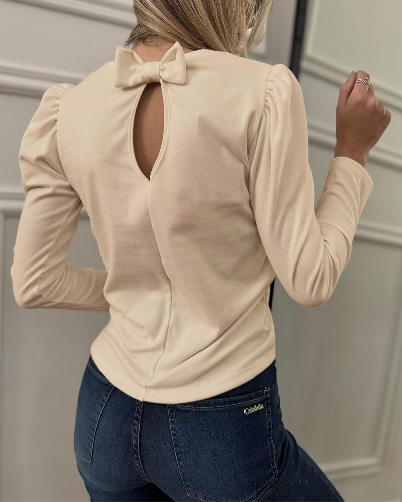 

V-Neck Puff Sleeve Bowknot Decor Hollow Out Top, Apricot