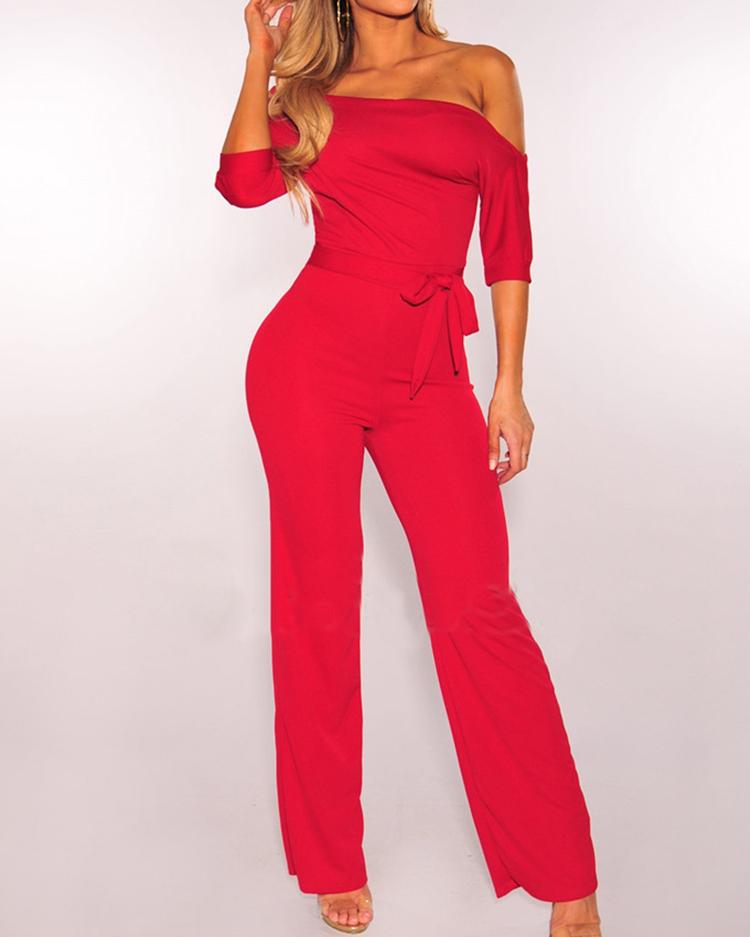 

Off Shoulder Belted Wide Leg Jumpsuit, Red