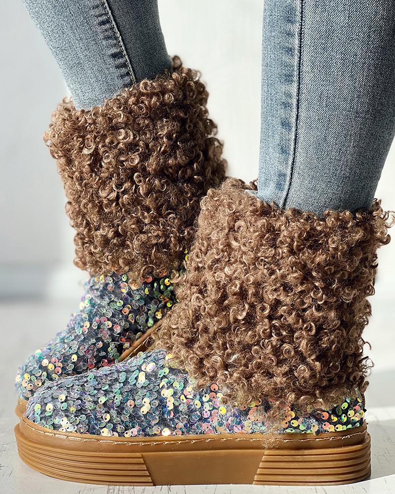 

Contrast Sequin Fluffy Detail Lined Snow Boots, Khaki