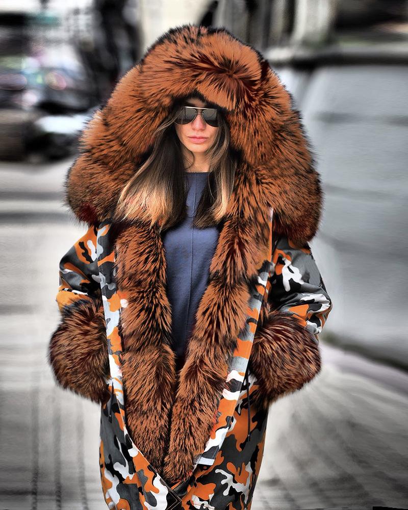 

Faux Fur Patch Drawstring Long Sleeve Hooded Parka Coat, Orange