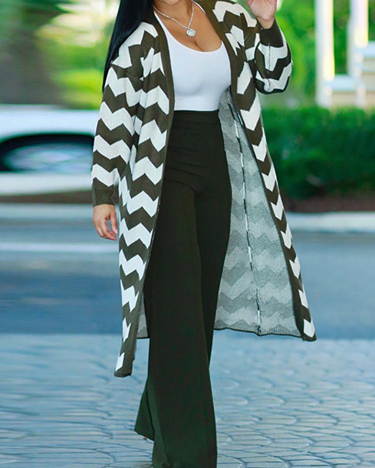 

Fashion Chevron Print Longline Cardigan Coat - Green