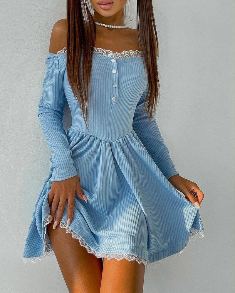 

Off Shoulder Ribbed Buttoned Lace Patch Dress, Blue