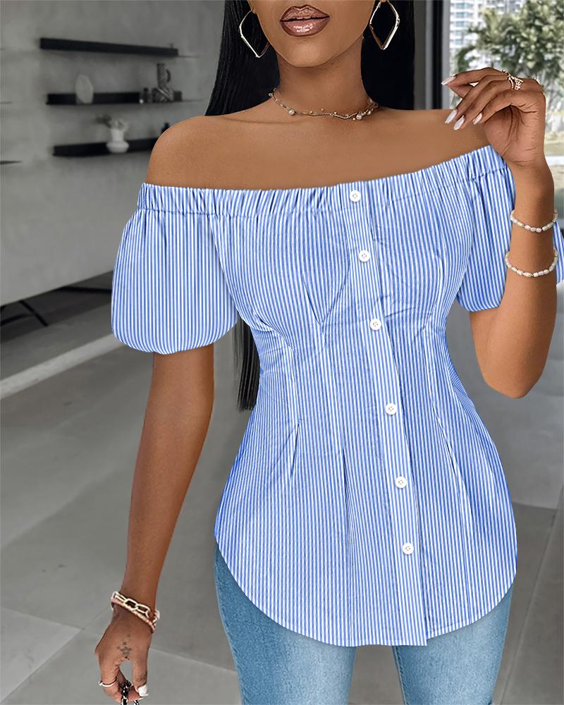 

Striped Off the Shoulder Buttoned Asymmetrical Hem Shirt, Blue