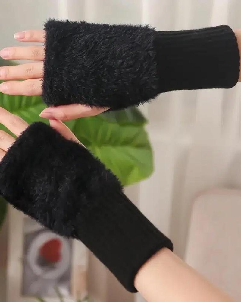 

1Pair Solid Color Fingerless Hand Warmer Fuzzy Winter Warm Gloves, Black