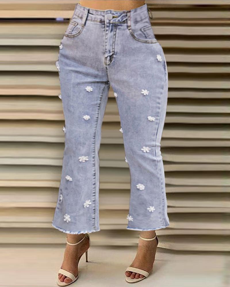 

High Waist Floral Pattern Casual Jeans, Blue