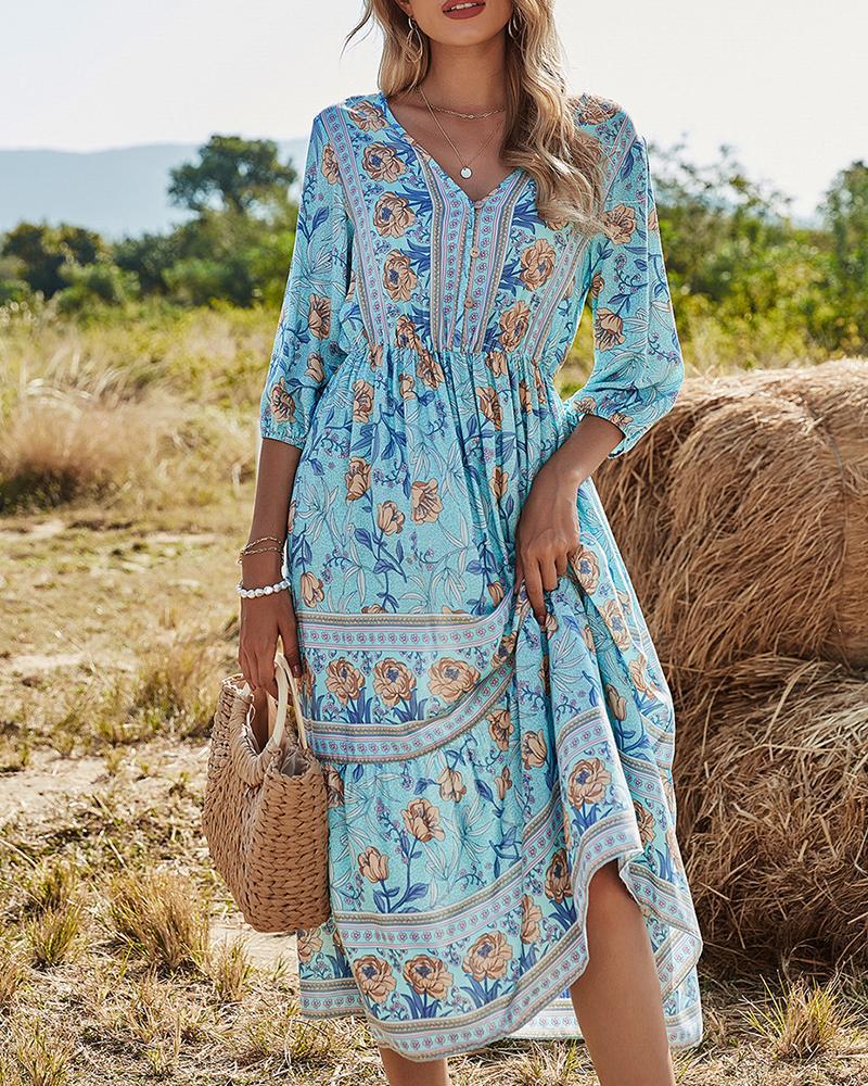 

Floral Print Button Front Half Sleeve Maxi Dress, Blue