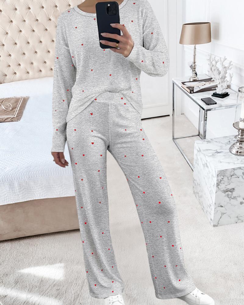 

2 Piece Pajama Set Heart Print Long Sleeve Round Neck Shirt and Casual Wide Leg Pants Lounge Set, Gray