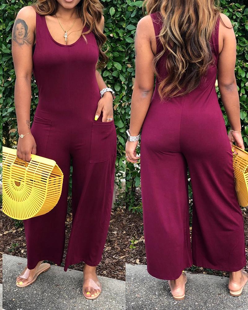 

Pocket Design Thick Strap Solid Jumpsuit, Wine red