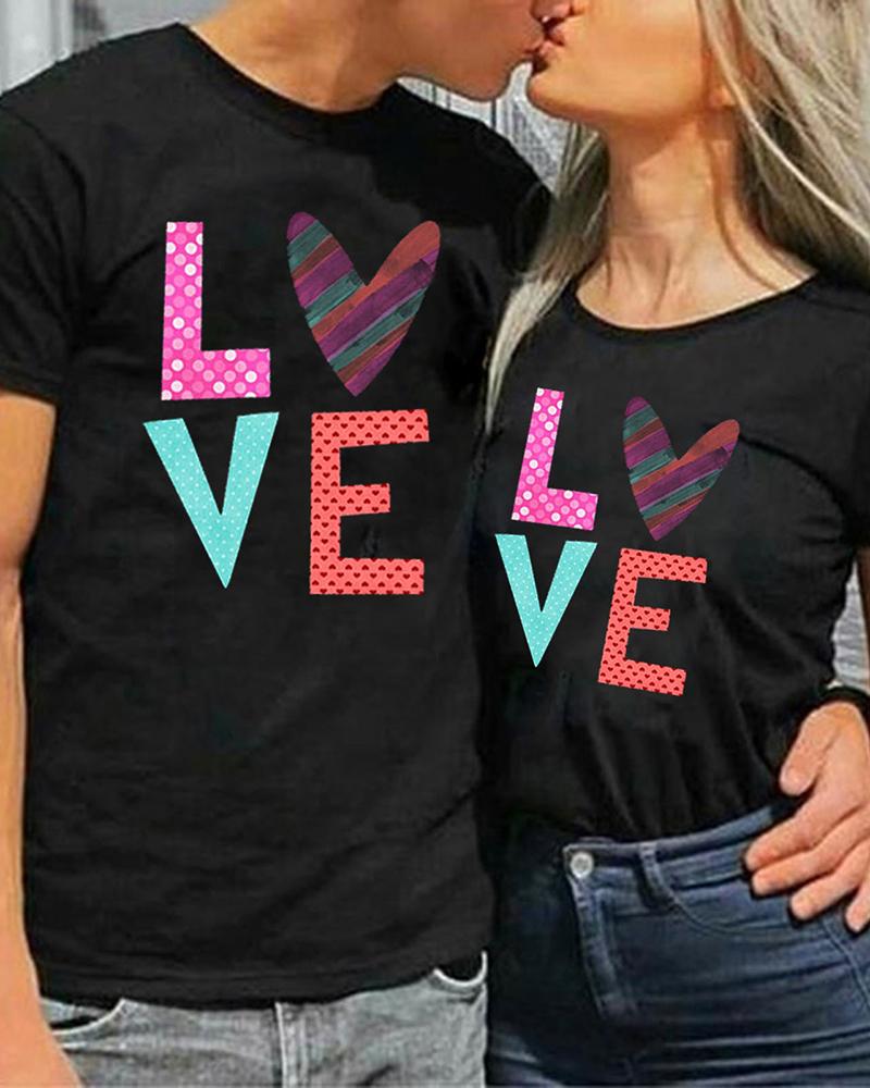 

Valentine's Day Polka Dot Heart Letter Print T-shirt For Women, Black