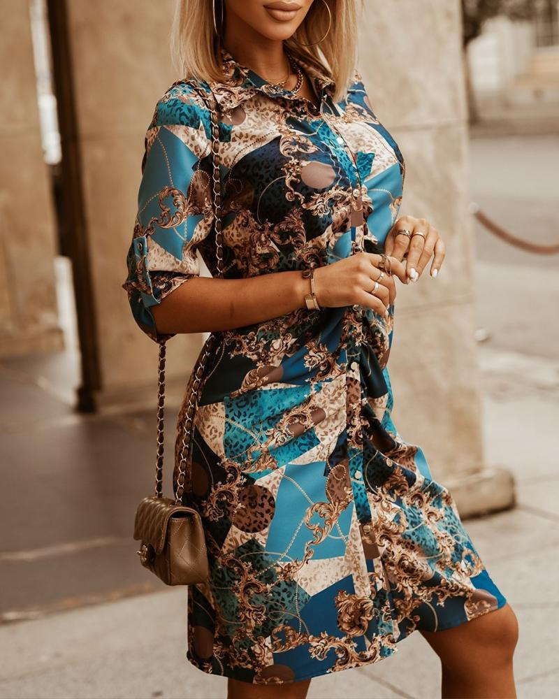 

Scarf Baroque Print Button Down Shirt Dress, Blue