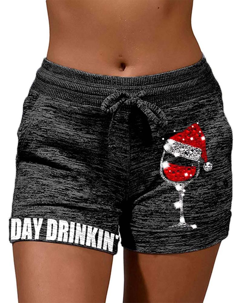 

Solid Color Splicing Cartoon And Letter Print Drawstring Short Pants, Dark grey