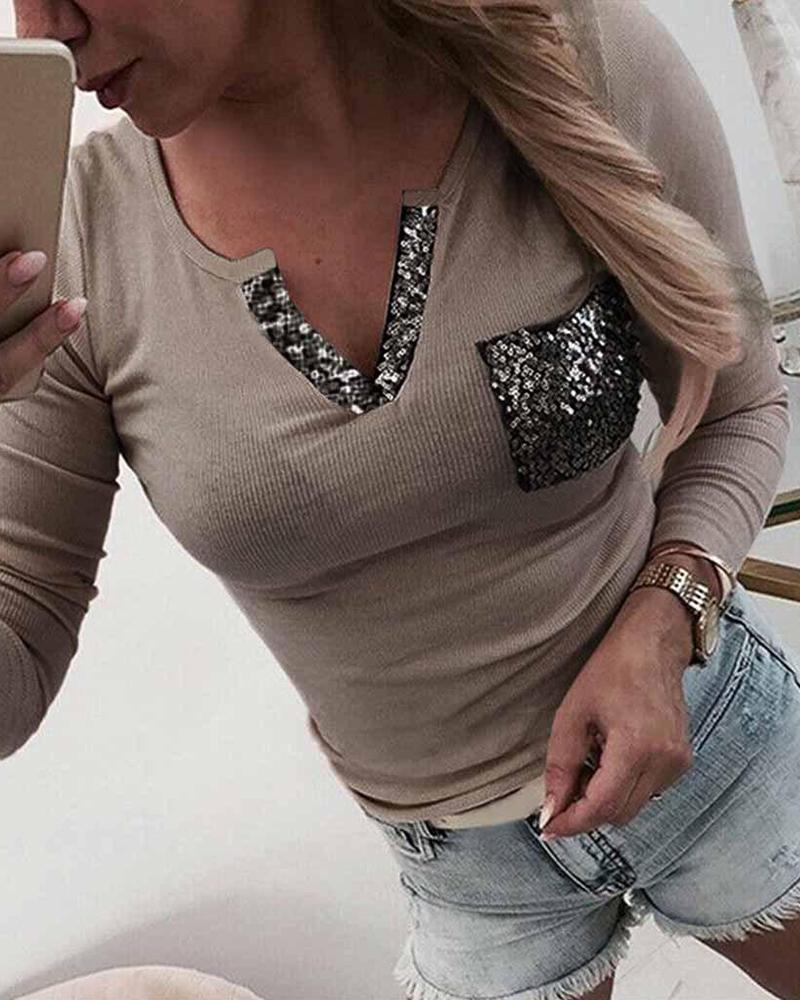 

V Neck Sequin Pocket Top, Gray