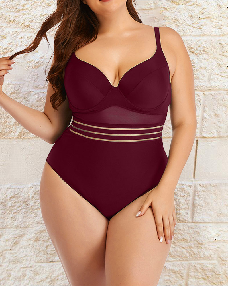 

Plus Size Contrast Mesh Backless One-Piece Swimsuit, Red