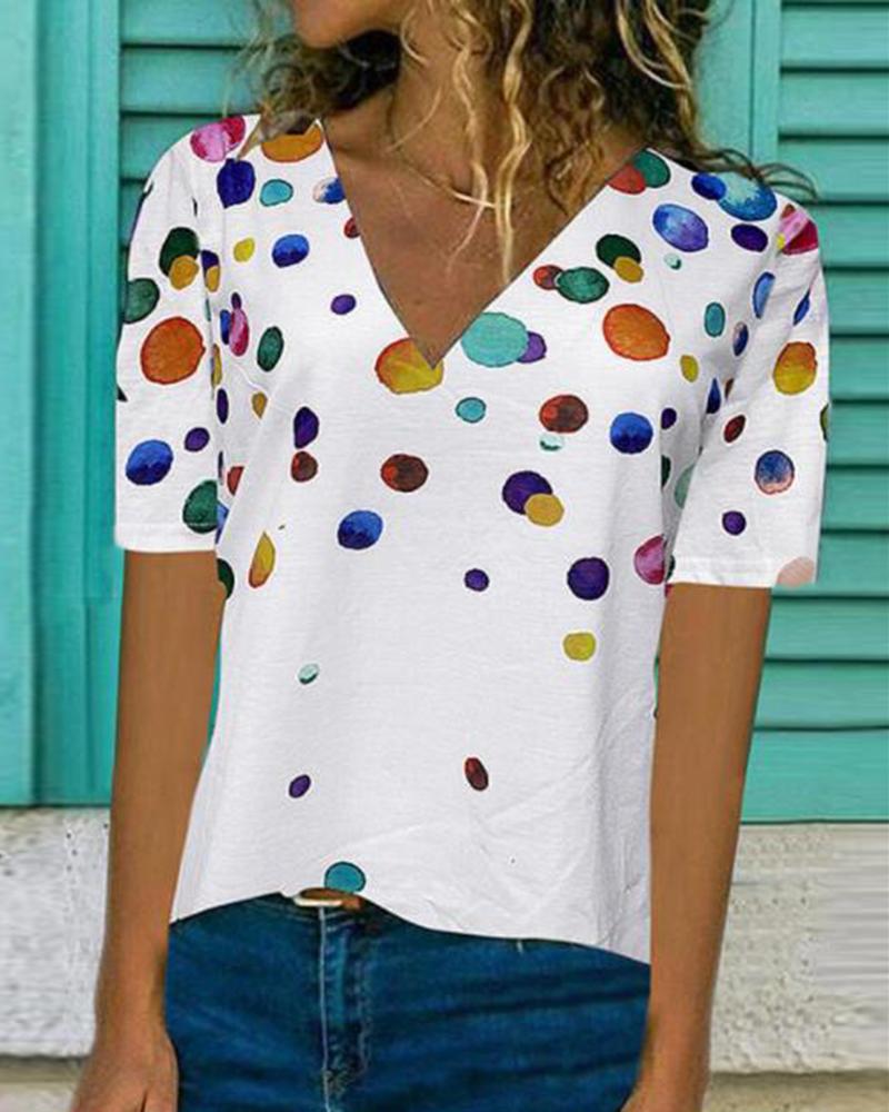 

Polka Dot Print V-neck Blouse, White