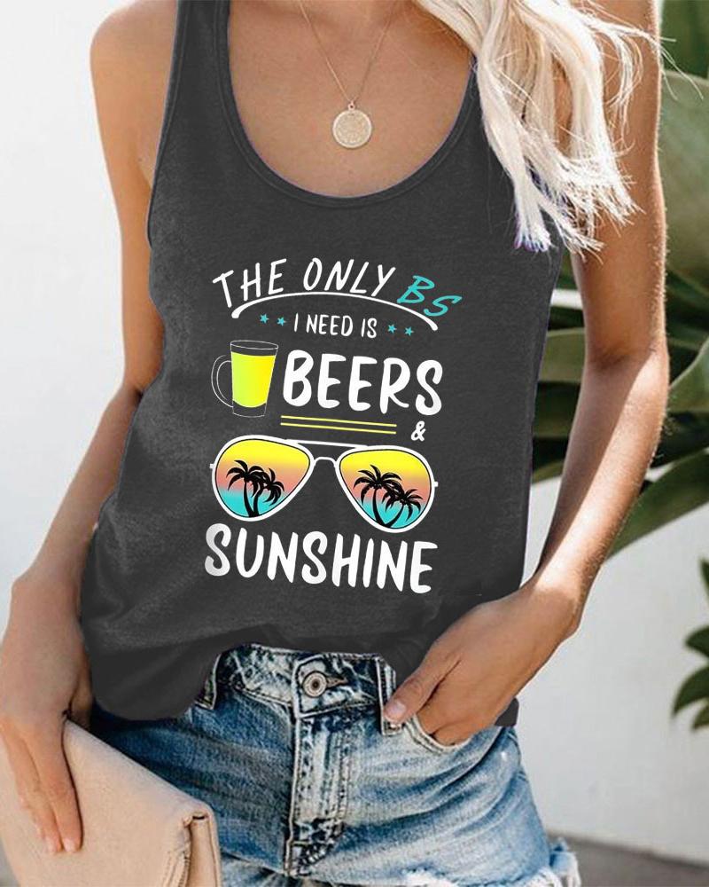 

Sunglasses Beers Coconut Tree Letter Print Graphic Tee Summer Beach Vest Tank Top, Dark grey