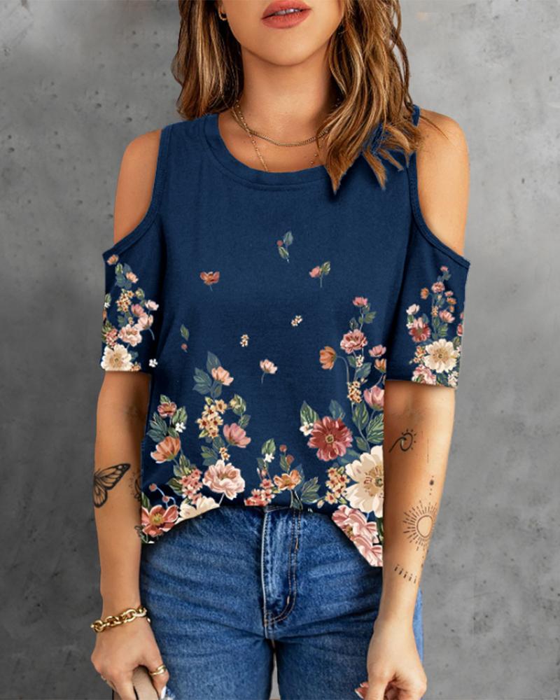 

Floral Print Cold Shoulder Top, Blue