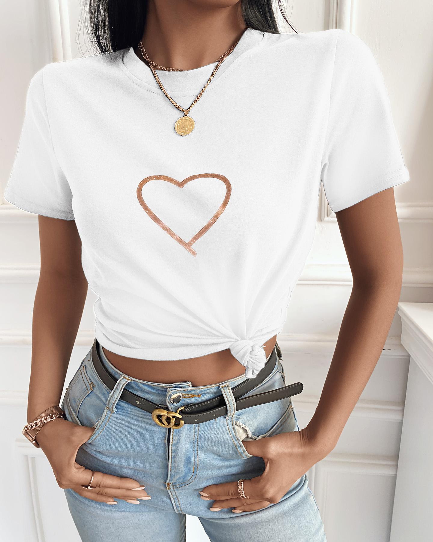 

Heart Print Short Sleeve Casual T-shirt, Gold