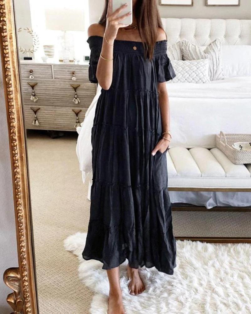 

Shirred Off Shoulder Pocket Detail Casual Dress, Black