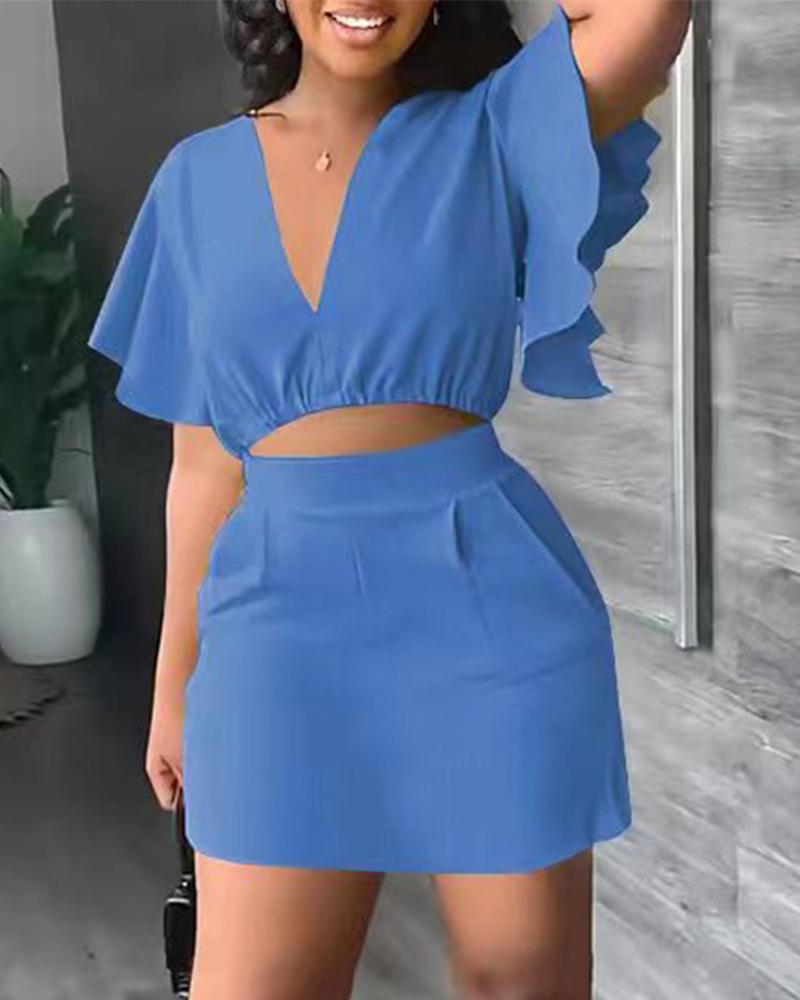 

Flutter Sleeve Crop Top & Mini Skirt Set, Blue