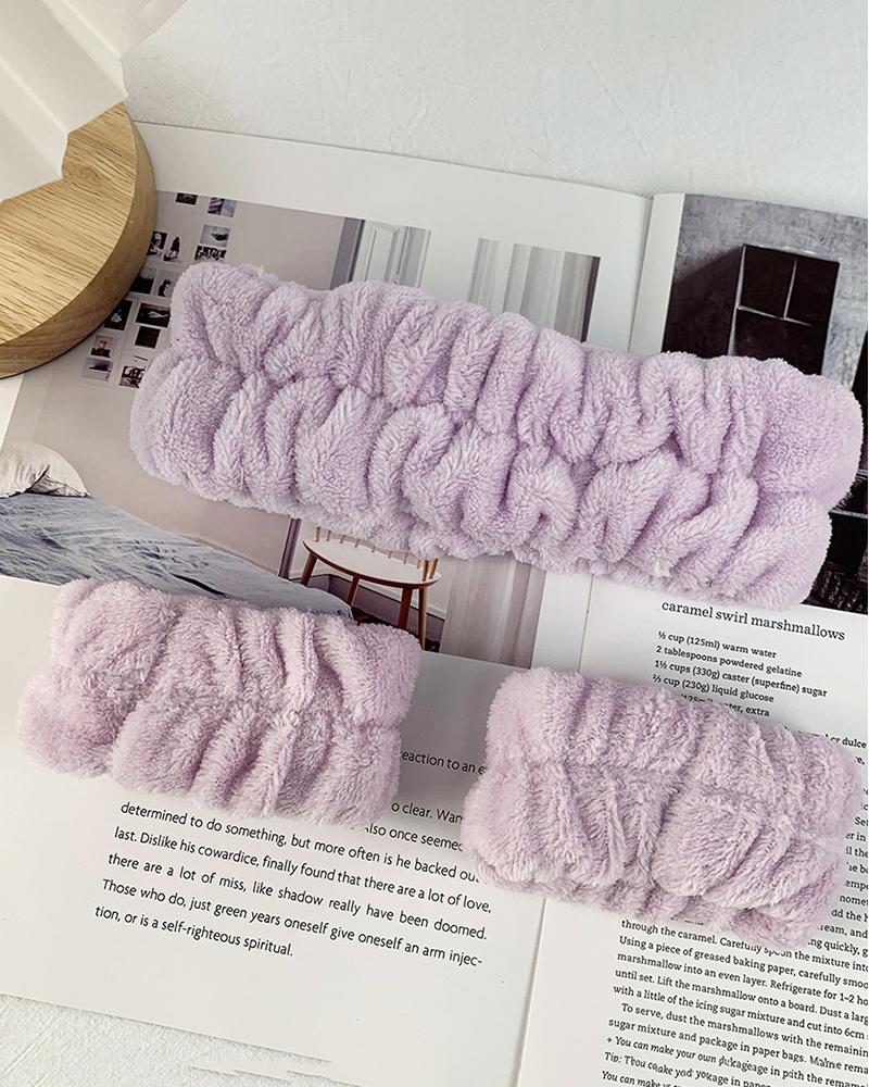 

3pcs Velvet Ruched Makeup Face Wash Headband With Wristband Set, Purple