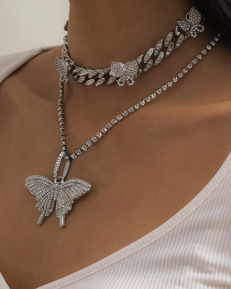 

2PCS Butterfly Pendant Studded Chain Necklace, Silver