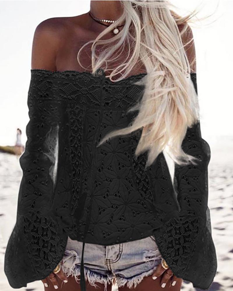 

Off Shoulder Eyelet Embroidery Lace Patch Top, Black