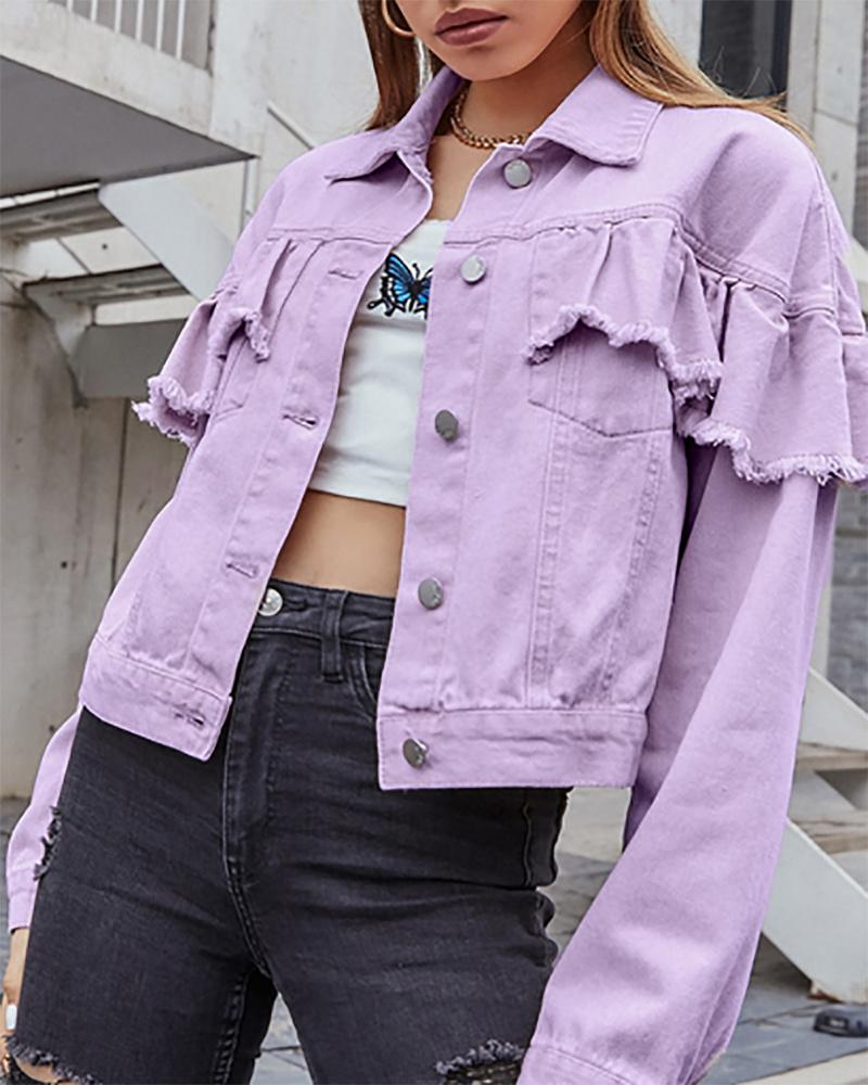 

Fringe Hem Ruffles Button Front Denim Coat, Purple