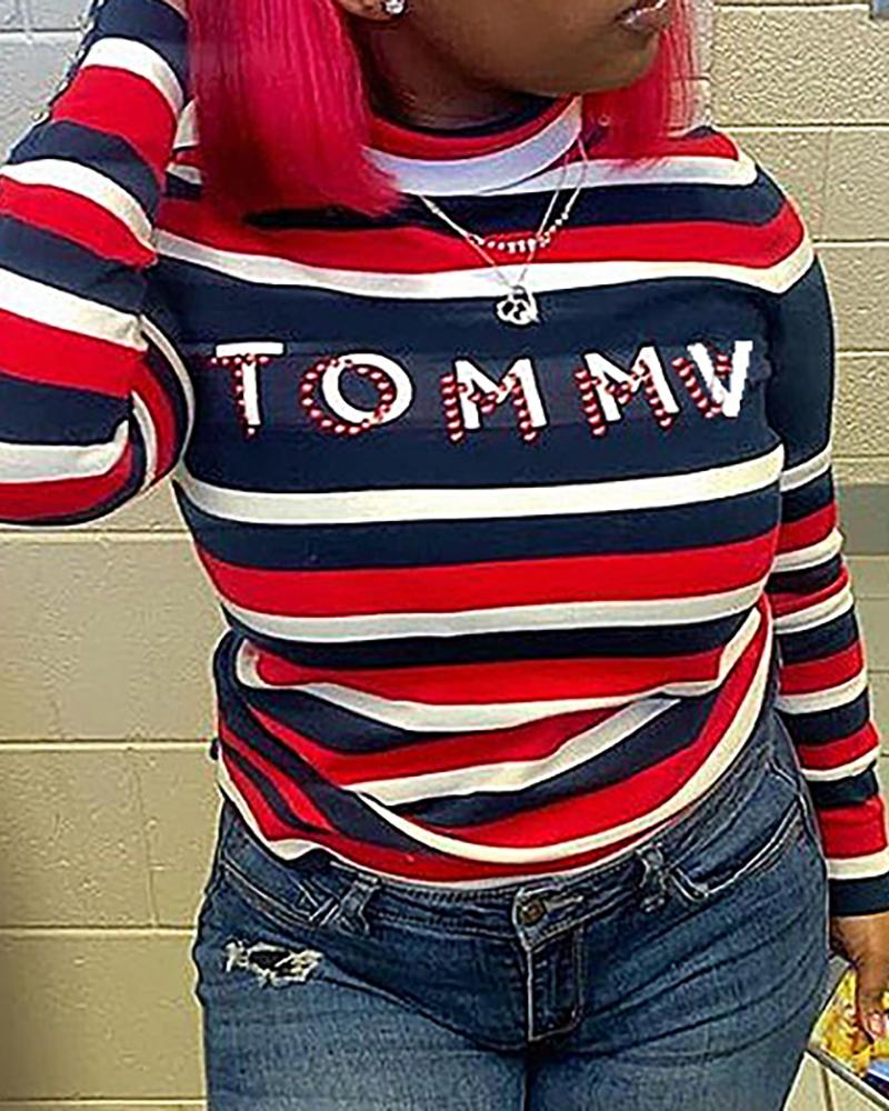 

Letter Striped Print Long Sleeve T-shirt, Red